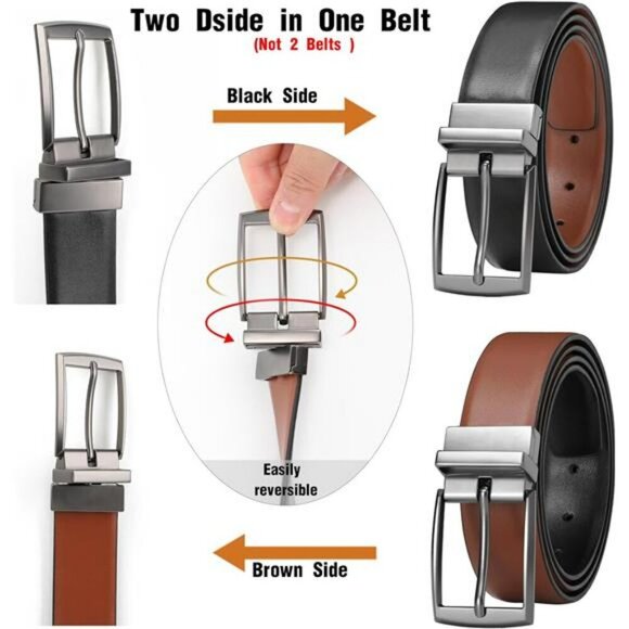 Men's Reversible Leather Belt Black Brown Dress Golf Adjustable Waist Belt - Picture 2 of 7